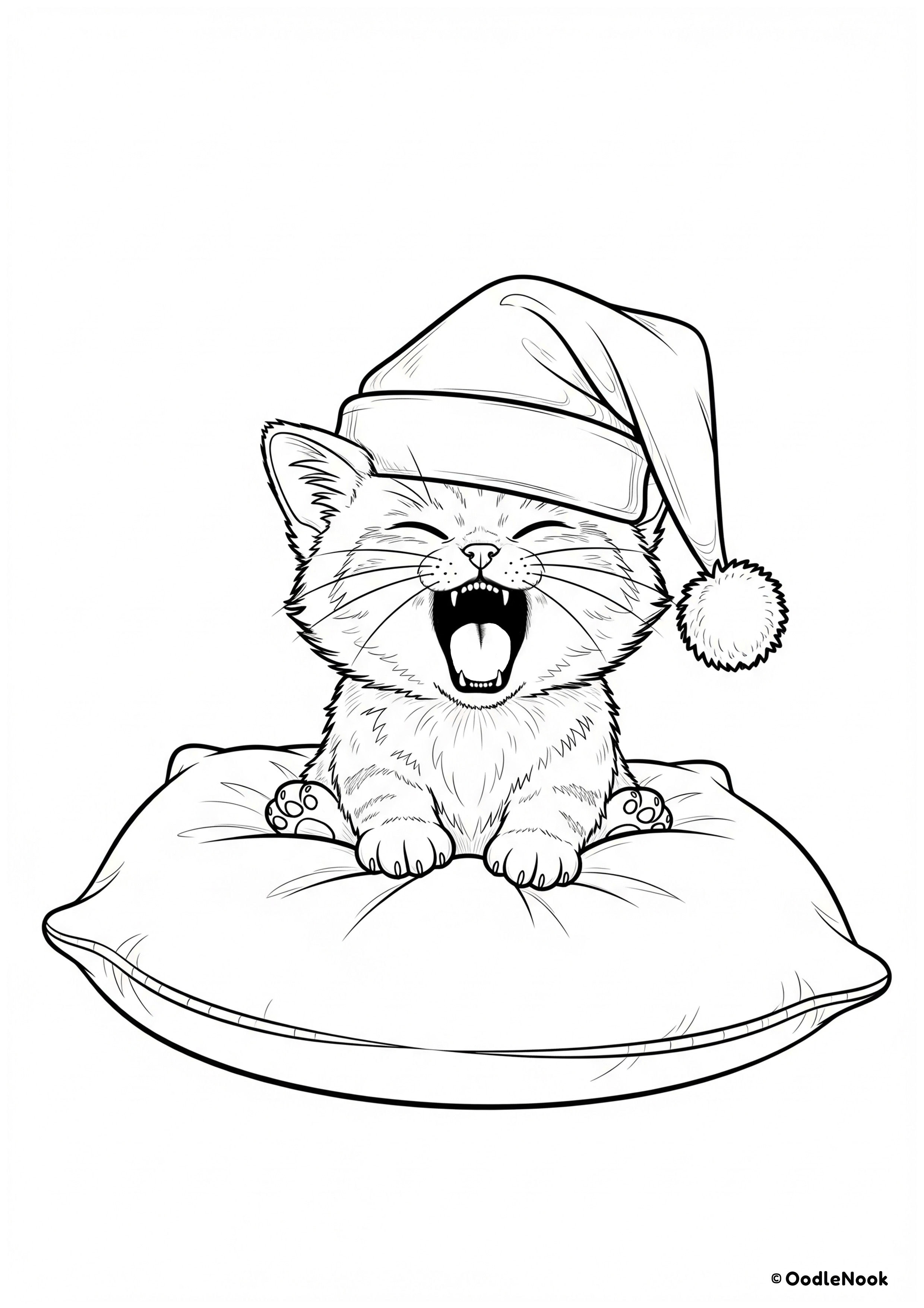 Coloring page of a cute striped baby kitten yawning wide on a pillow, wearing a nightcap.
