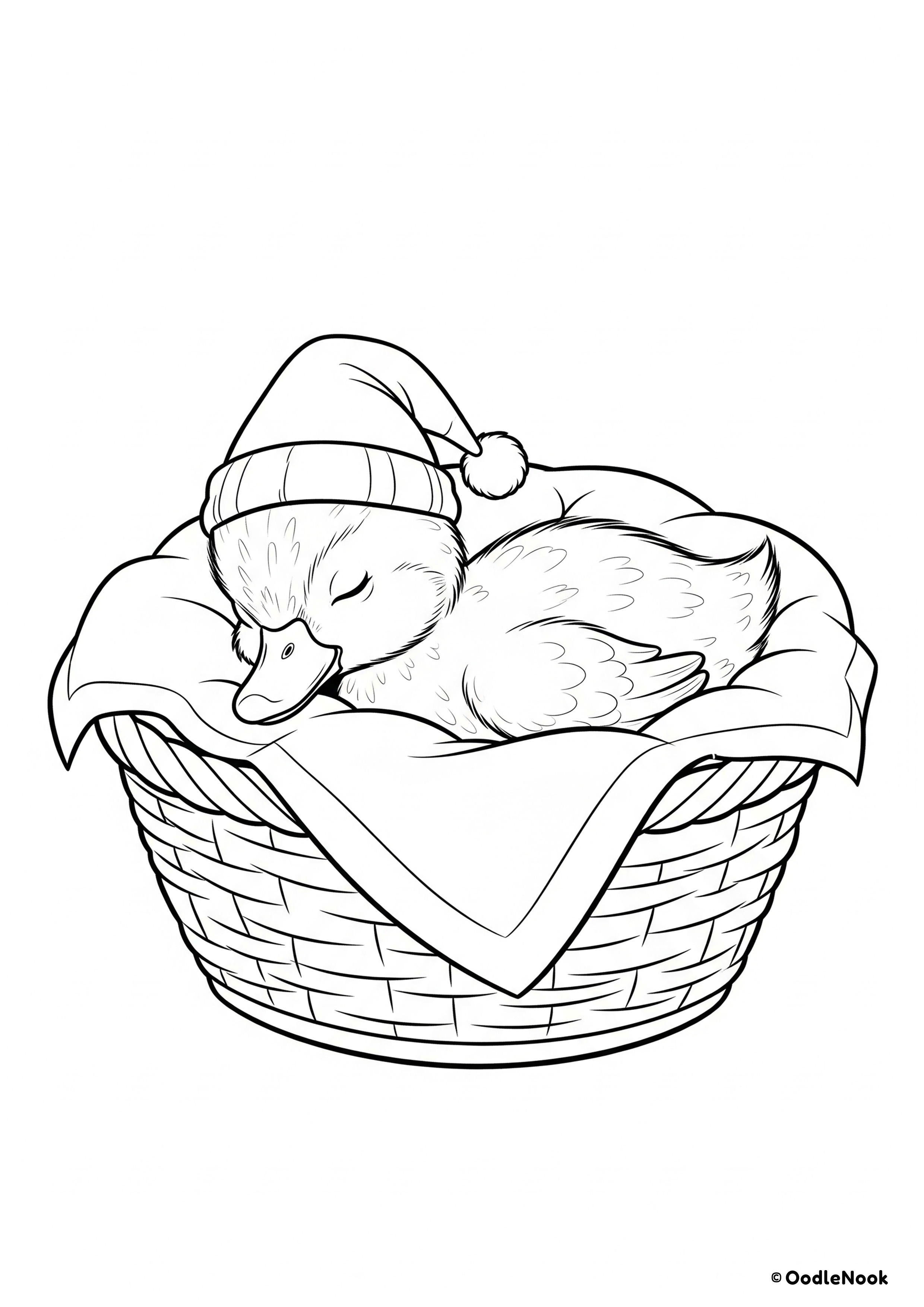 Coloring page of a baby duck sleeping soundly in a basket, wearing a striped sleep cap.