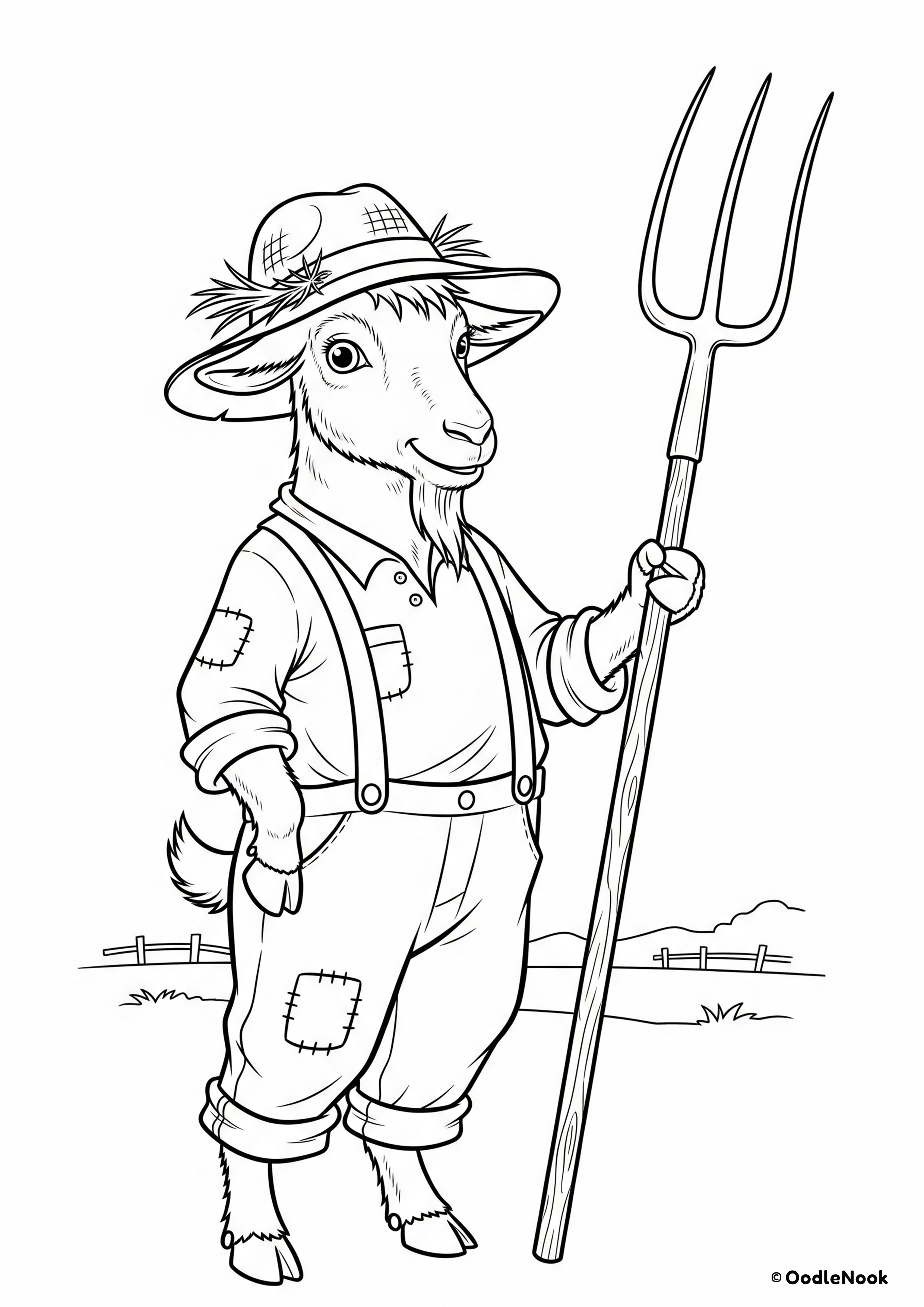 A coloring page of a cartoon goat dressed as a farmer, wearing overalls and a straw hat, and holding a pitchfork.