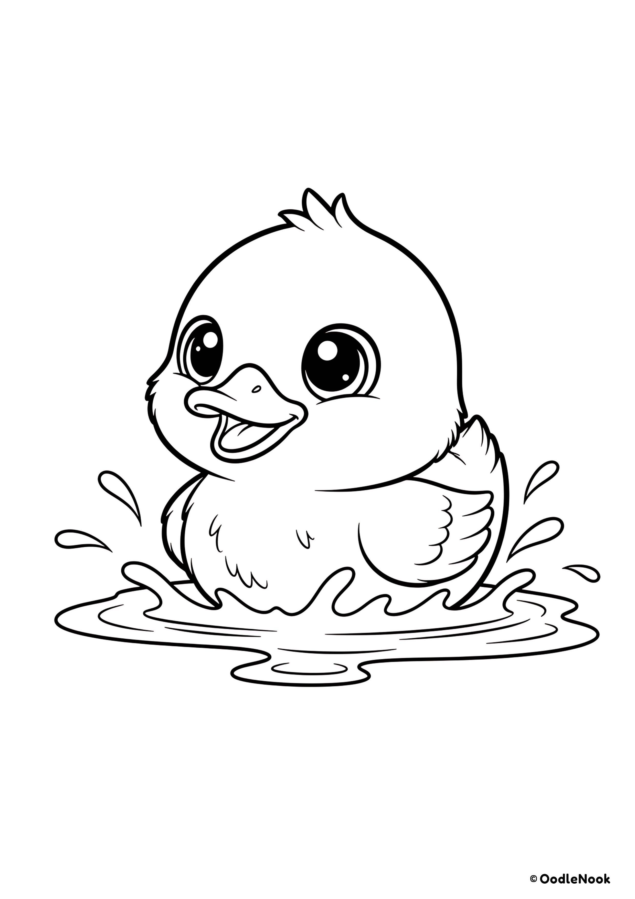 Line art of a cheerful kawaii baby duck splashing in a puddle of water - free printable A4 format