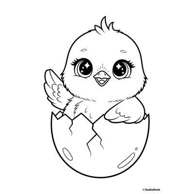 Printable kawaii chick hatching coloring page for kids - A4 format