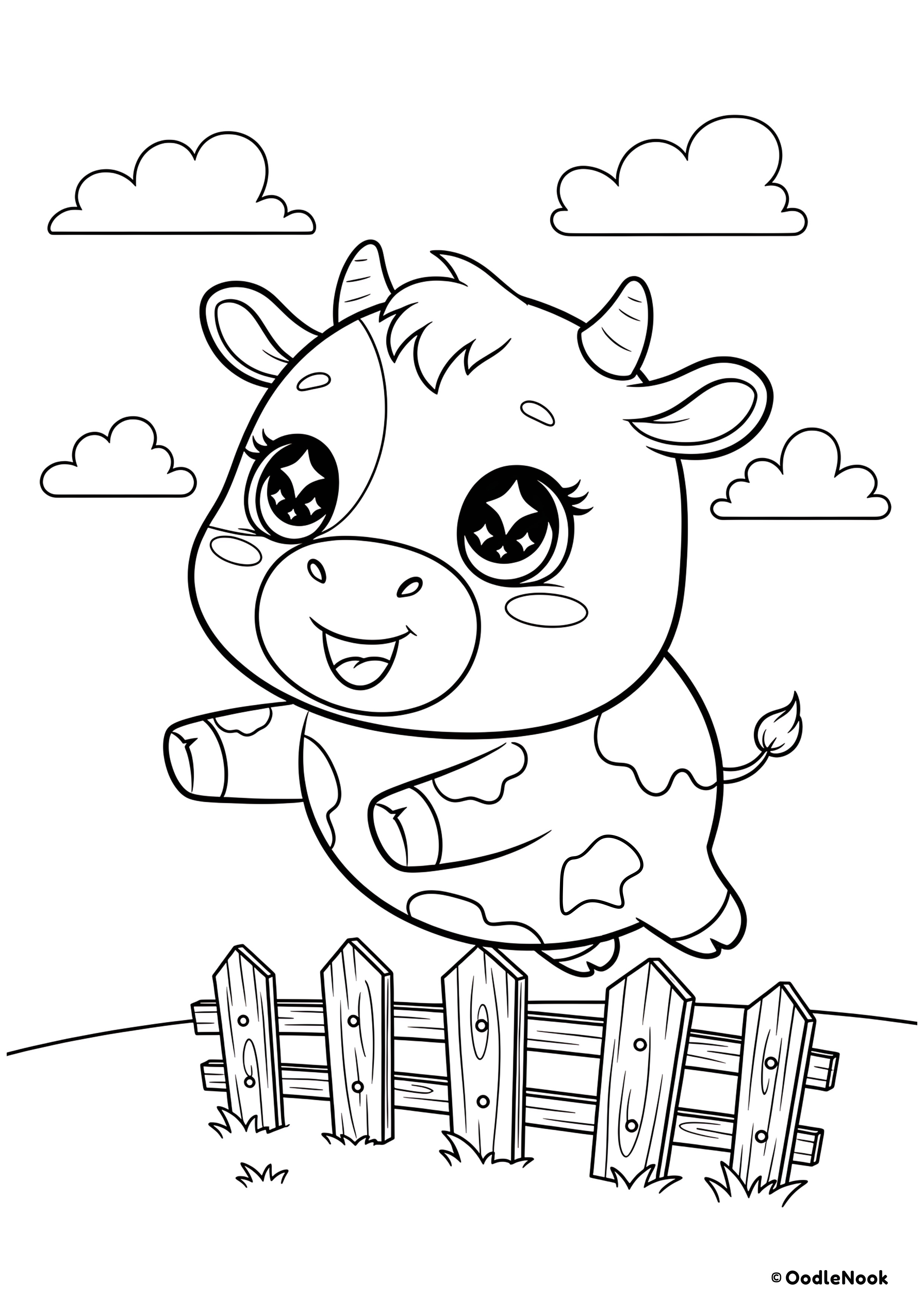 Coloring page of a cute spotted cow with big sparkling eyes jumping over a wooden fence and clouds - free printable A4 format