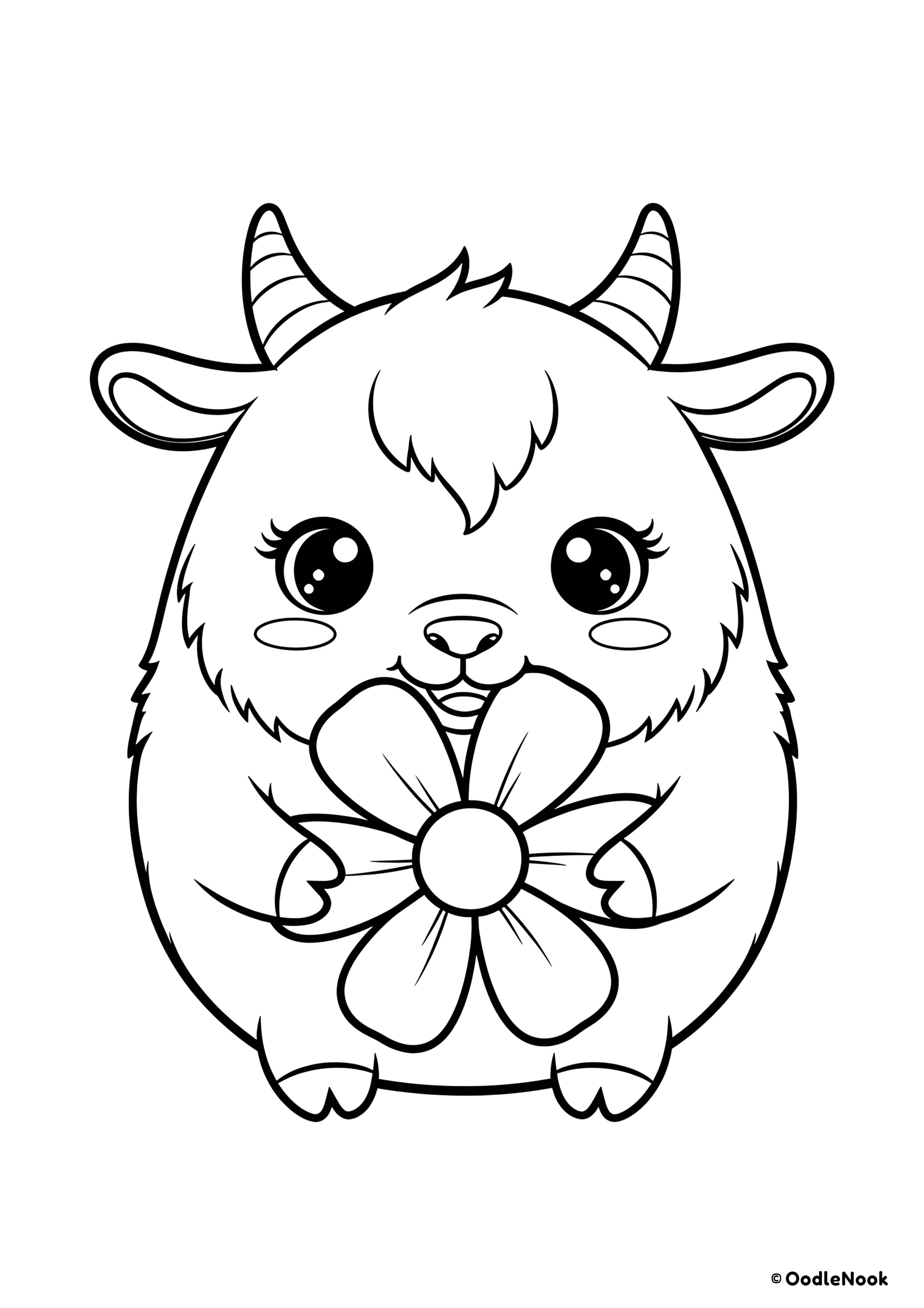 Coloring page of a kawaii goat holding a large flower, with big cute eyes - free printable A4 format