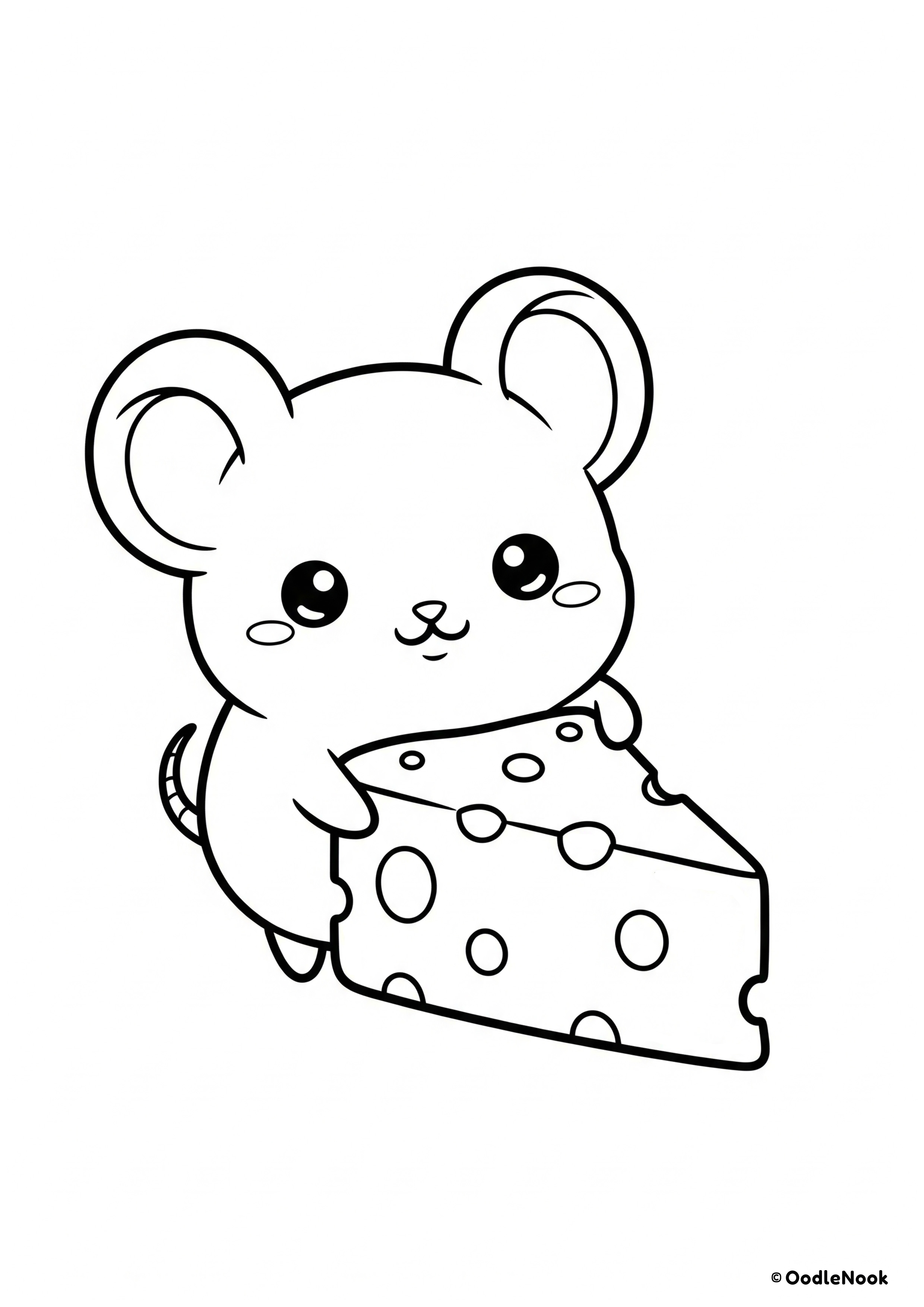Line art of a tiny, cute kawaii mouse holding a slice of Swiss cheese - free printable A4 format