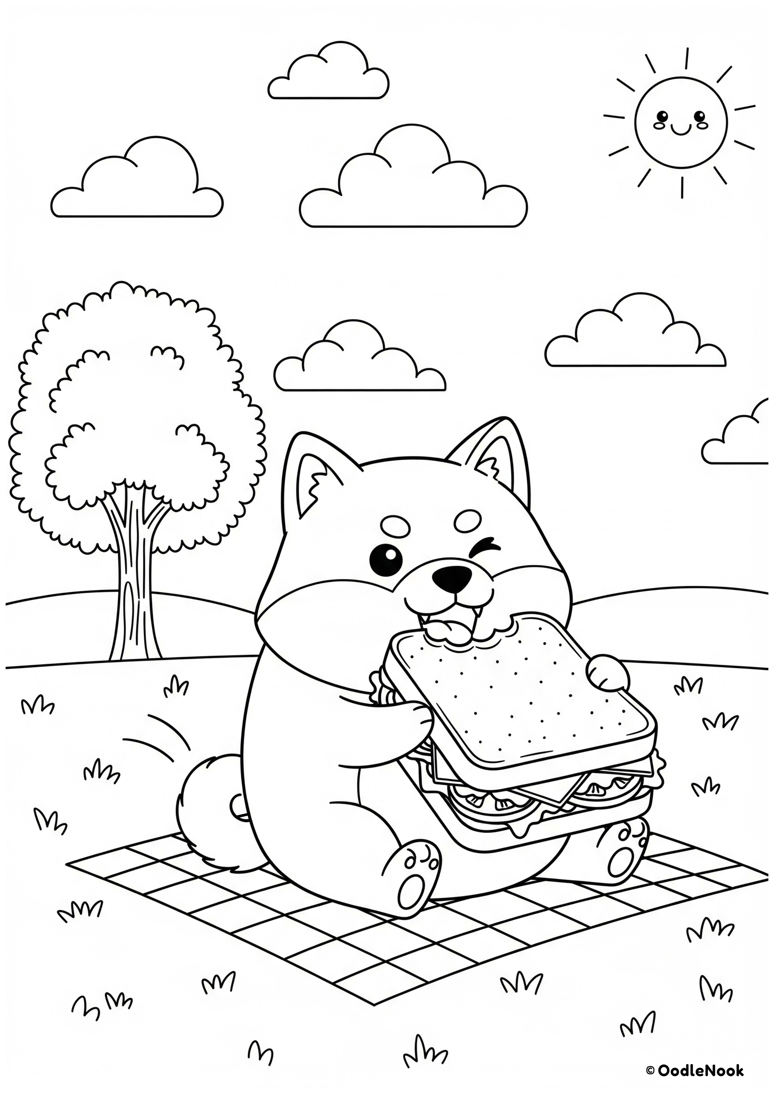 Coloring page of a cute kawaii Shiba Inu dog enjoying a sandwich picnic outside under a smiling sun - free printable A4 format