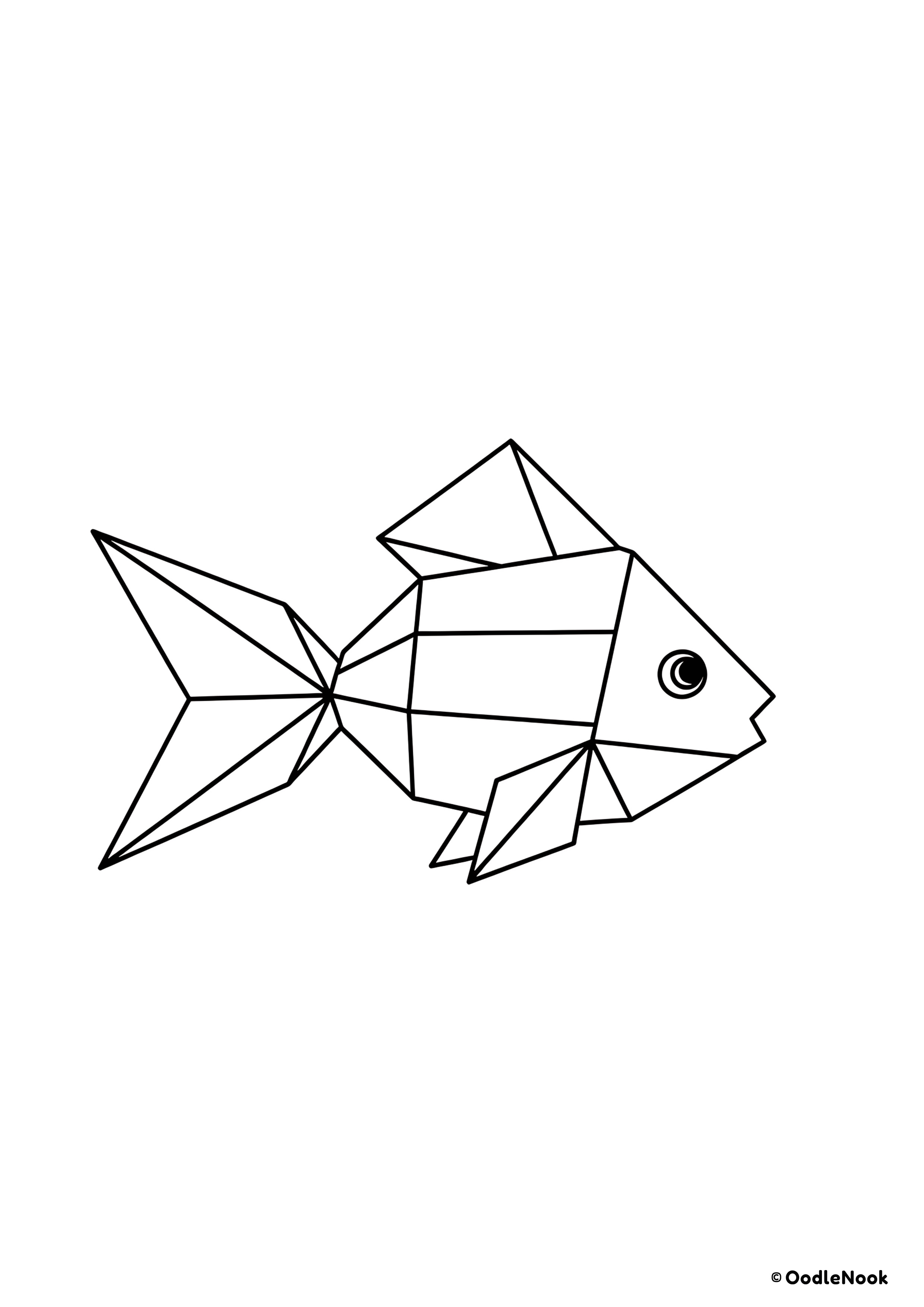Coloring page of origami golden fish - geometric line art of a goldfish - free printable A4 format