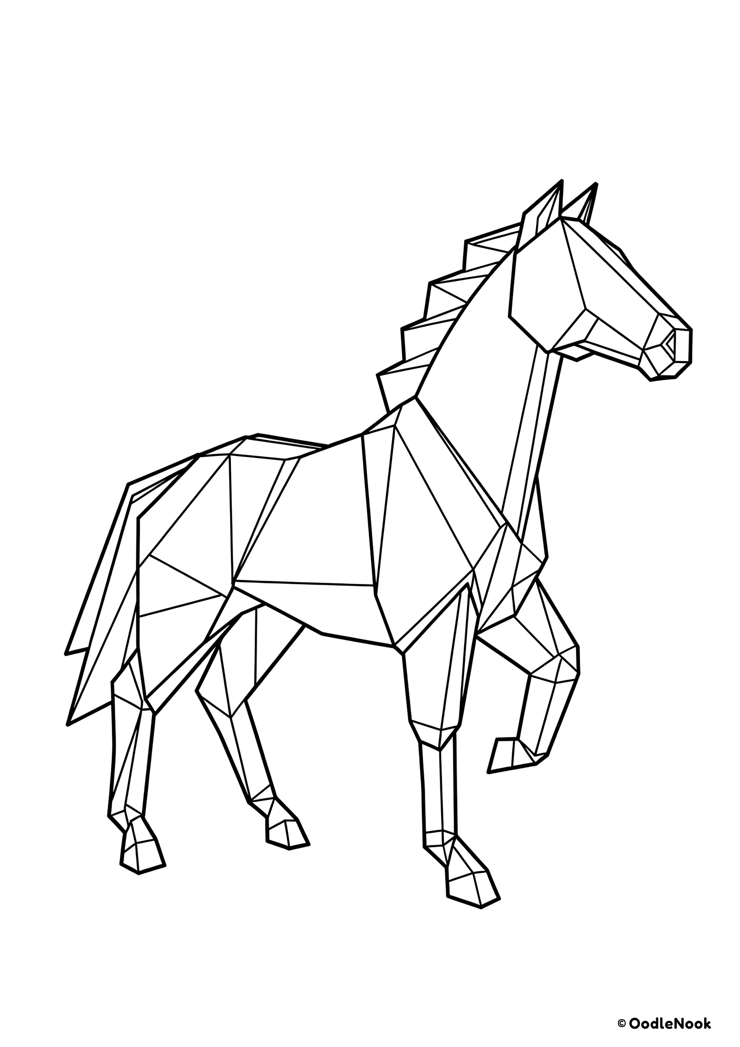 Coloring page of origami horse - geometric line art of a standing horse - free printable A4 format