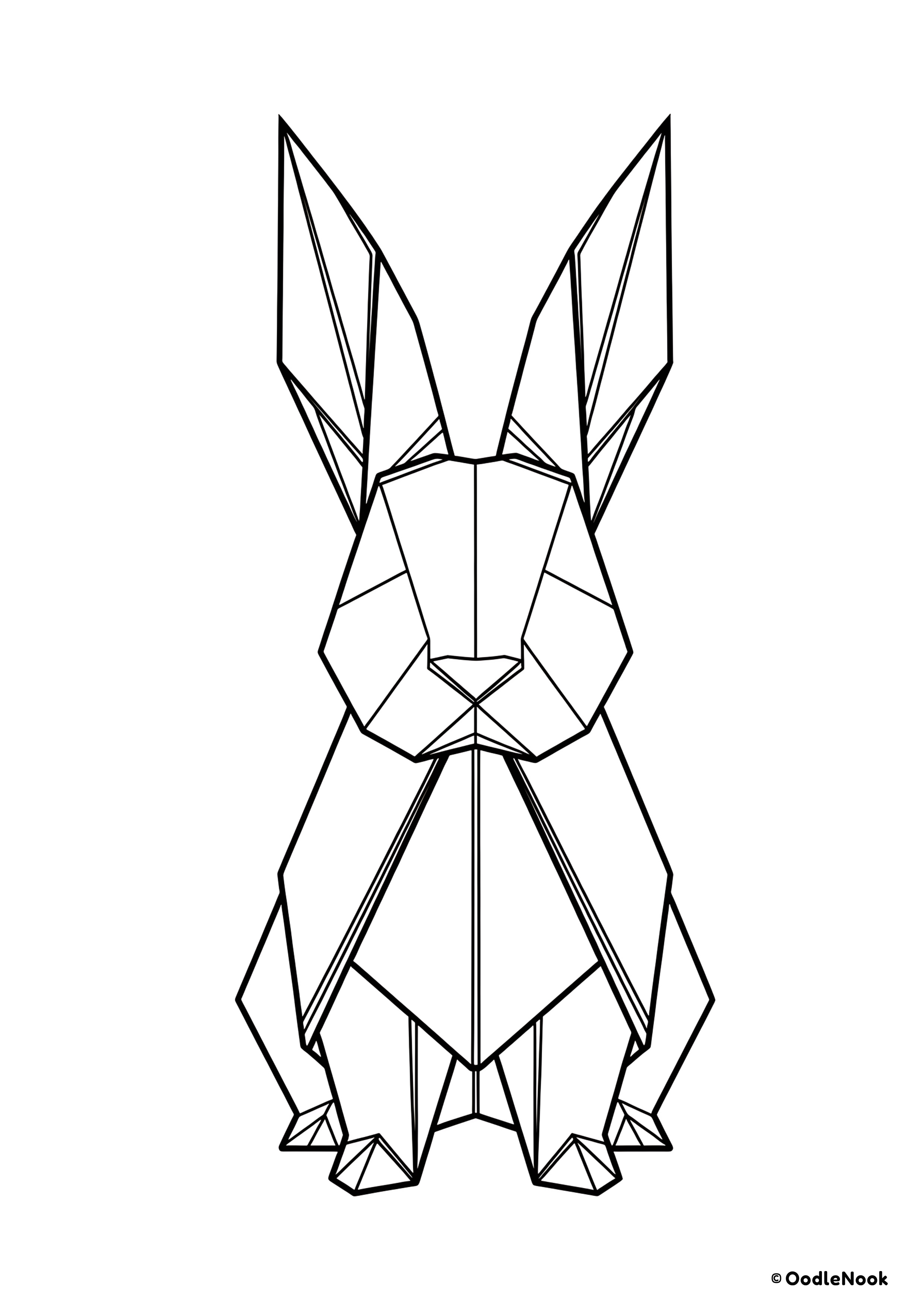 Coloring page of origami rabbit - geometric line art of a rabbit sitting up - free printable A4 format