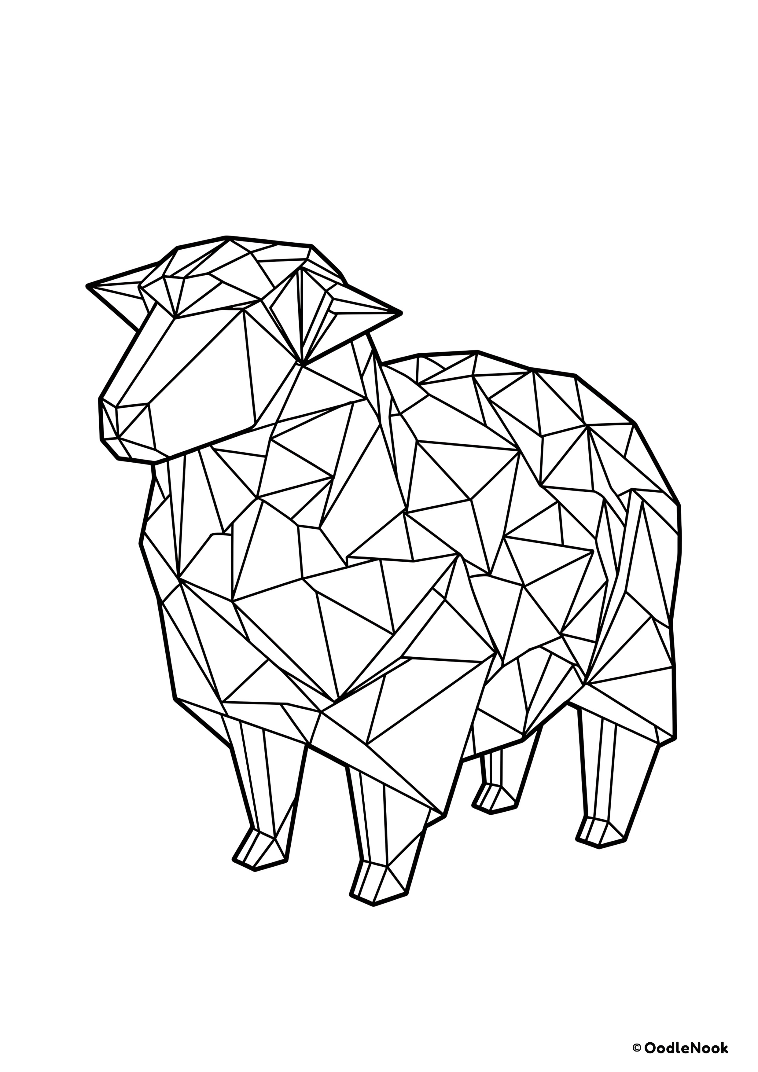 Coloring page of origami sheep - geometric line art of a standing sheep - free printable A4 format