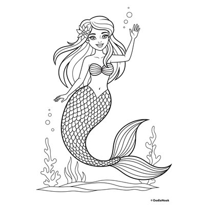 Printable waving mermaid coloring page for kids - A4 format
