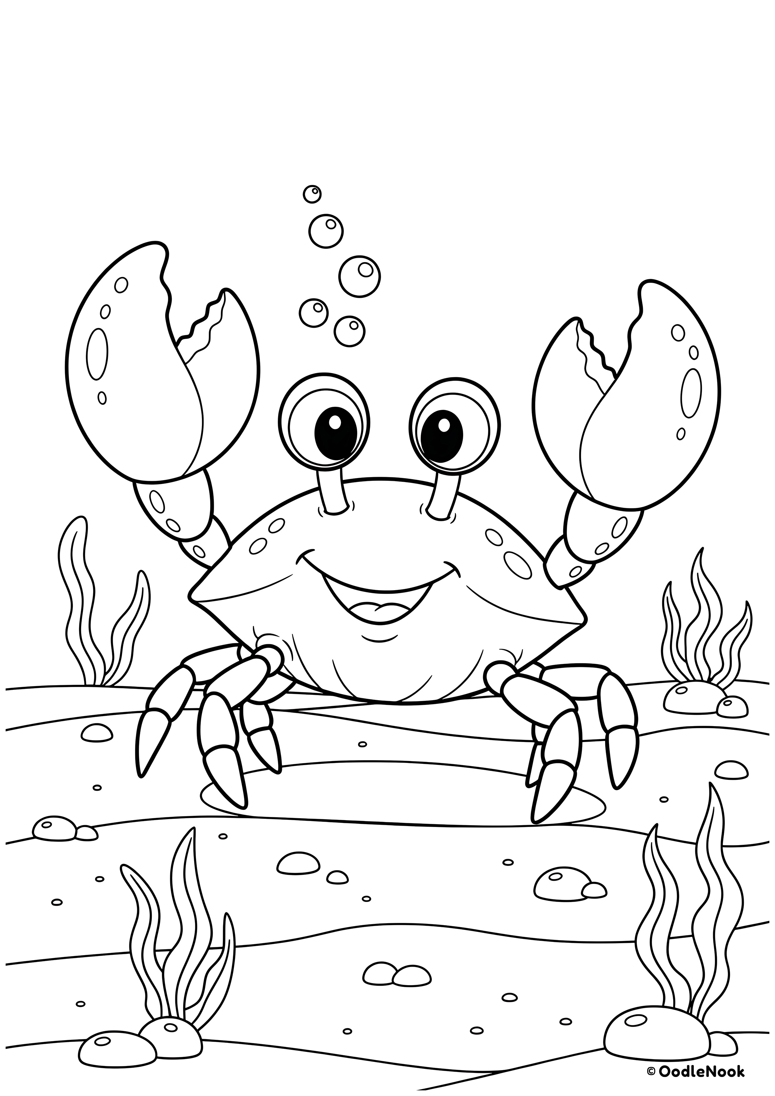 Coloring page of smiling cartoon crab on ocean floor holding its claws up - free printable A4 format
