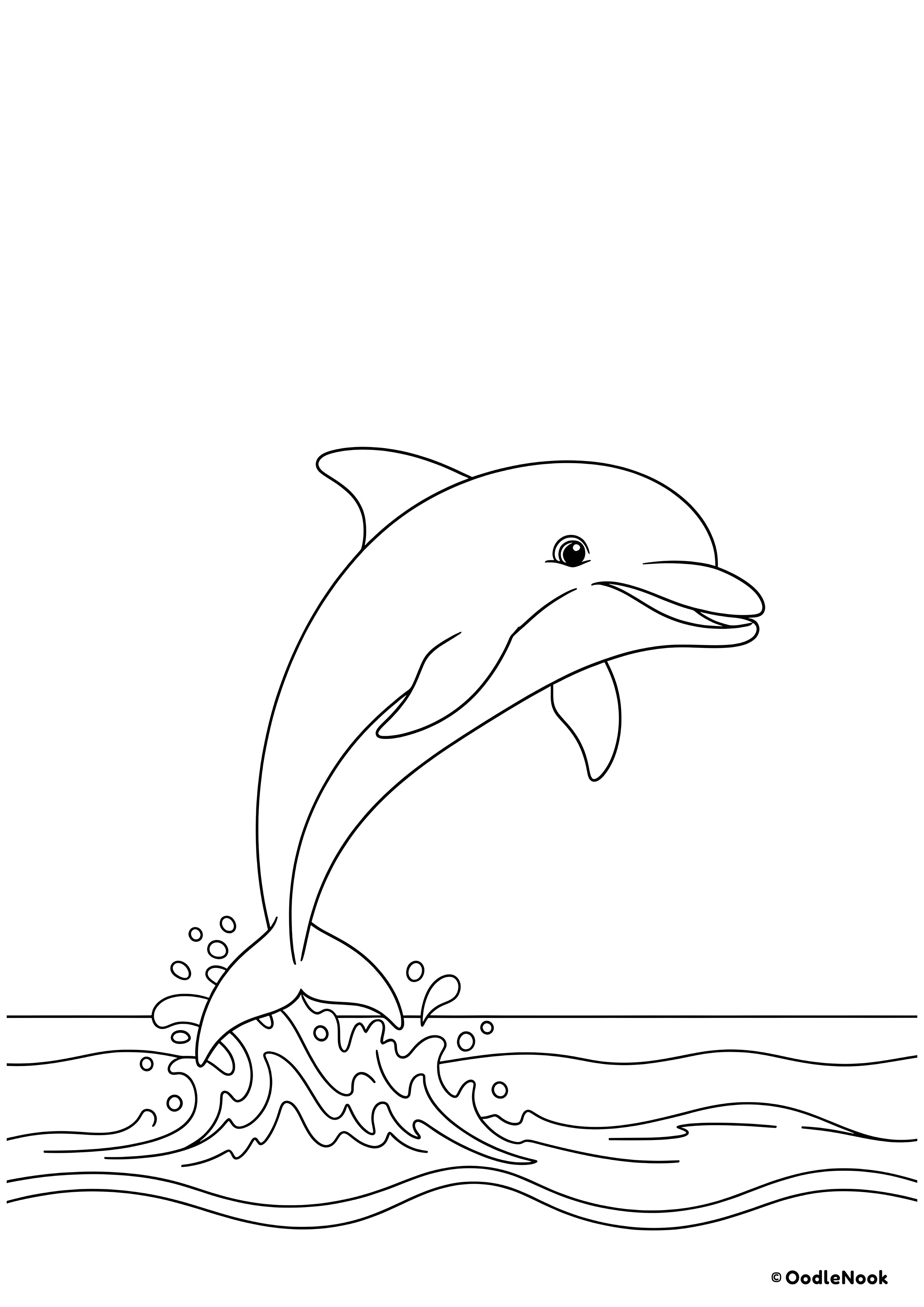Coloring page of cartoon dolphin leaping out of water creating splash - free printable A4 format