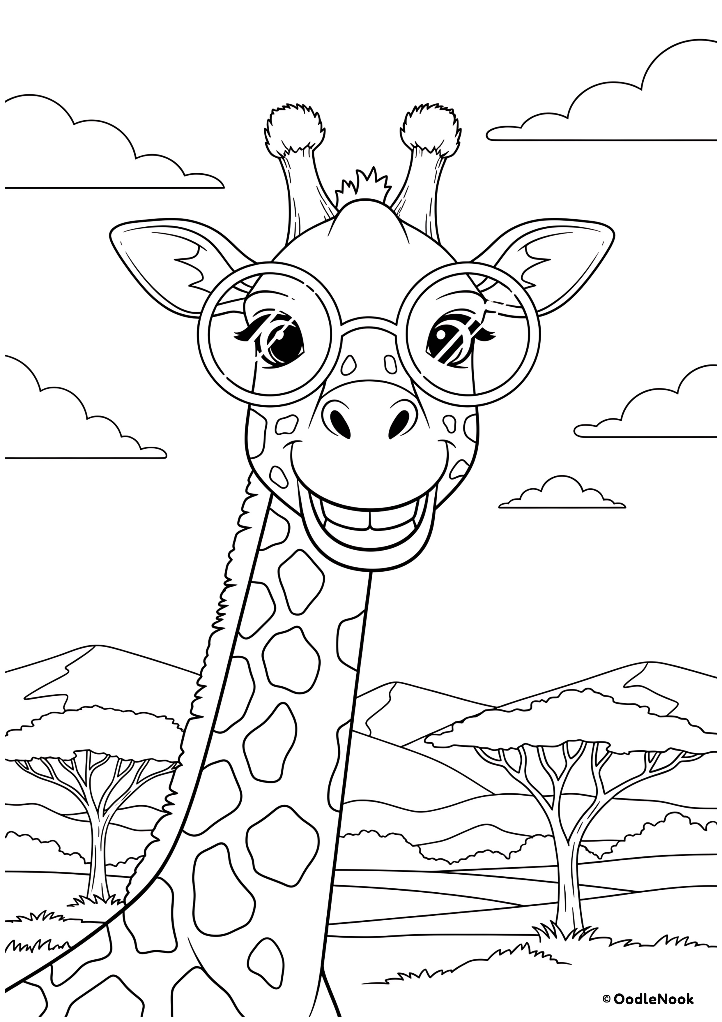 Giraffe wearing large round glasses with a savannah background, coloring page.