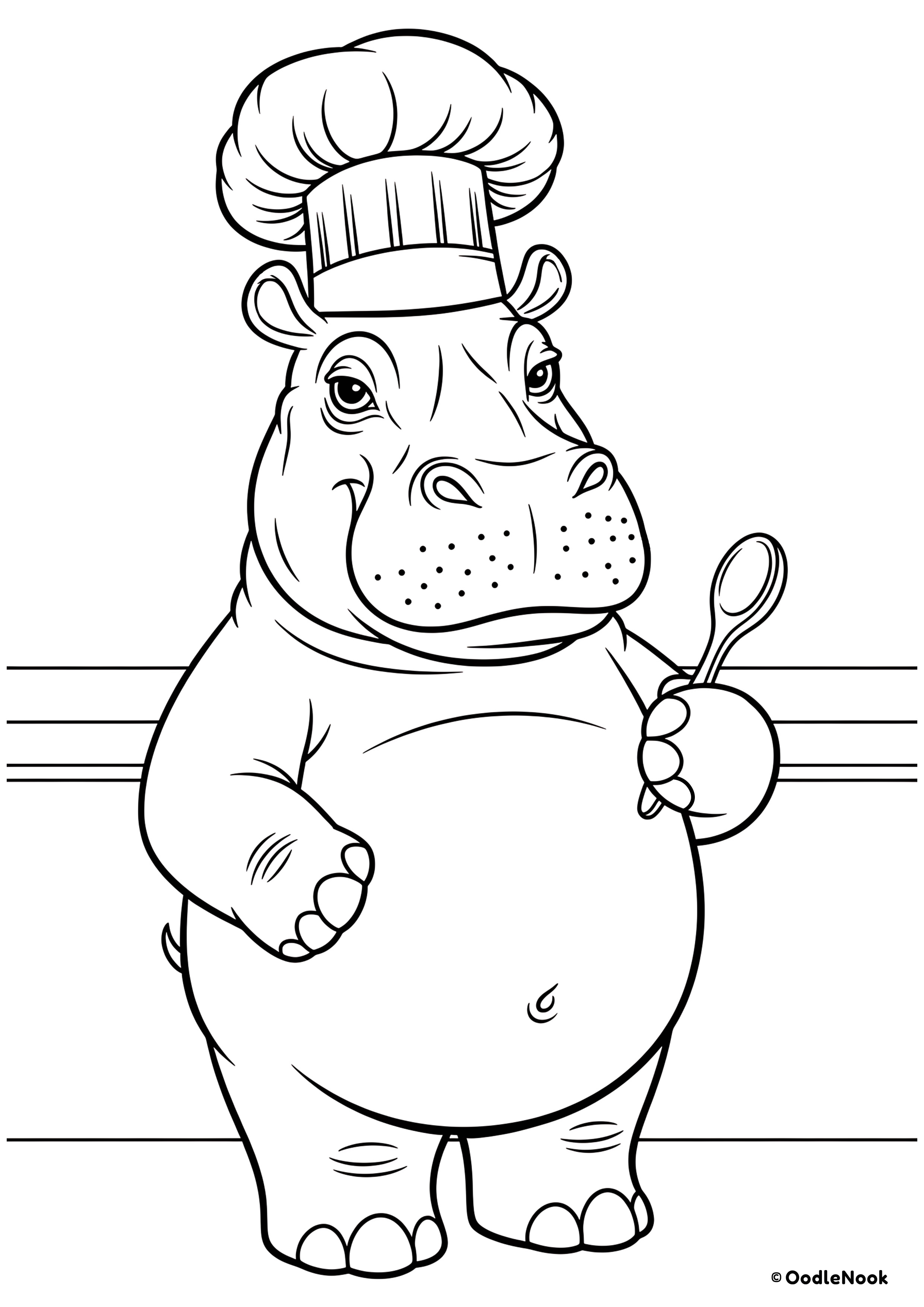 Hippo character wearing a tall chef's hat and holding a spoon, coloring page.