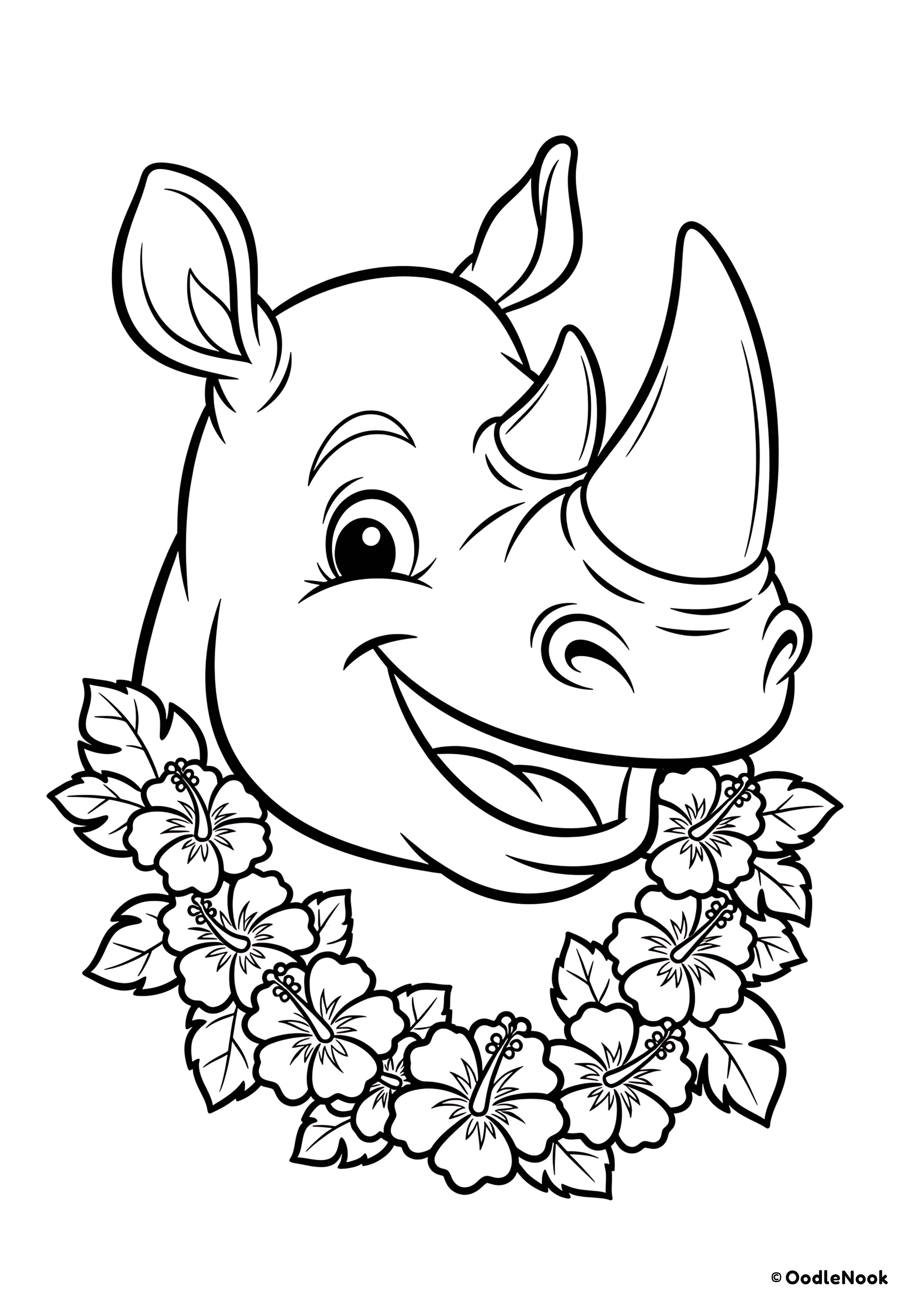 Line drawing of a happy rhinoceros wearing a Hawaiian flower lei.