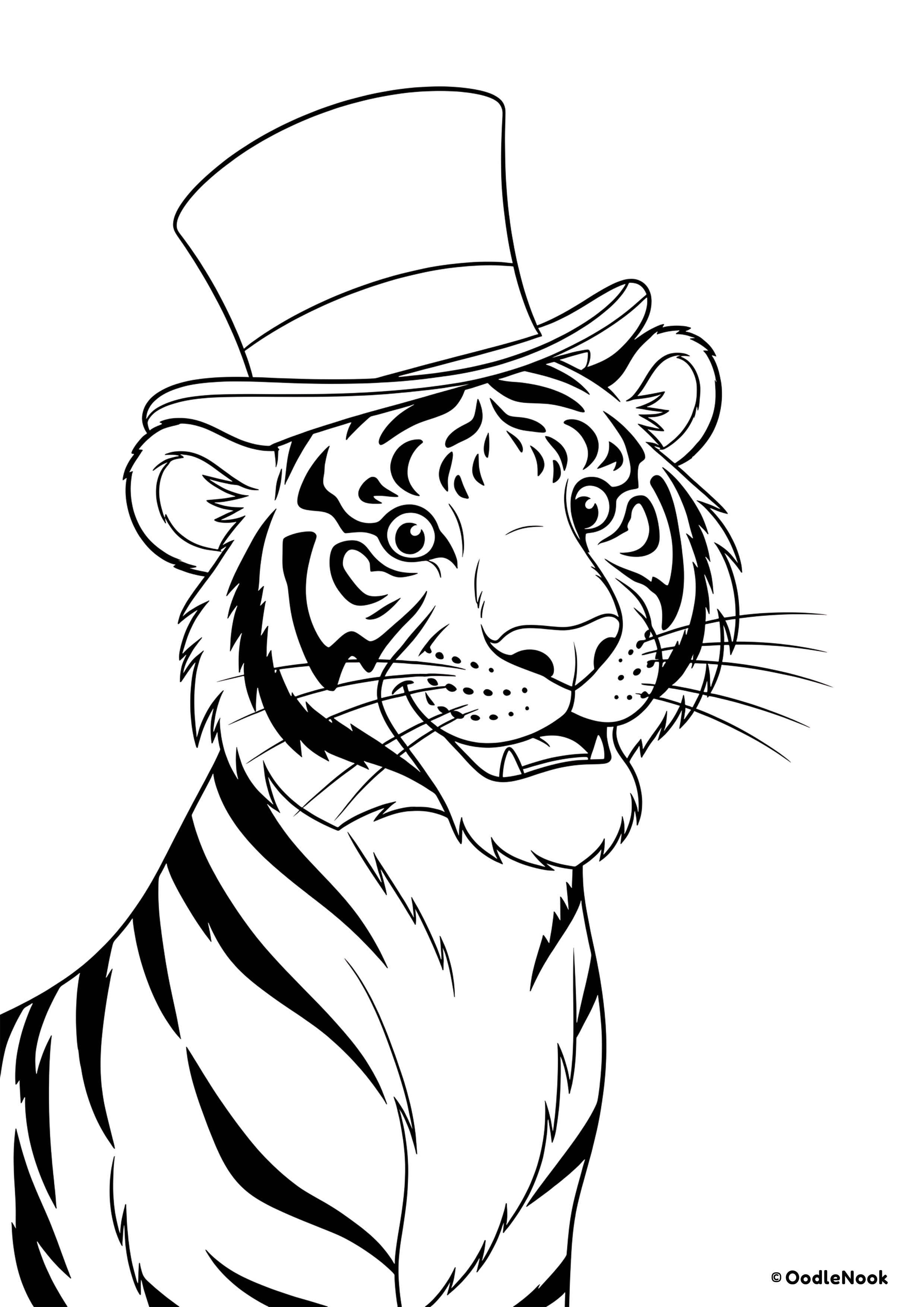Detailed portrait of a smiling tiger wearing a formal top hat, line art illustration.