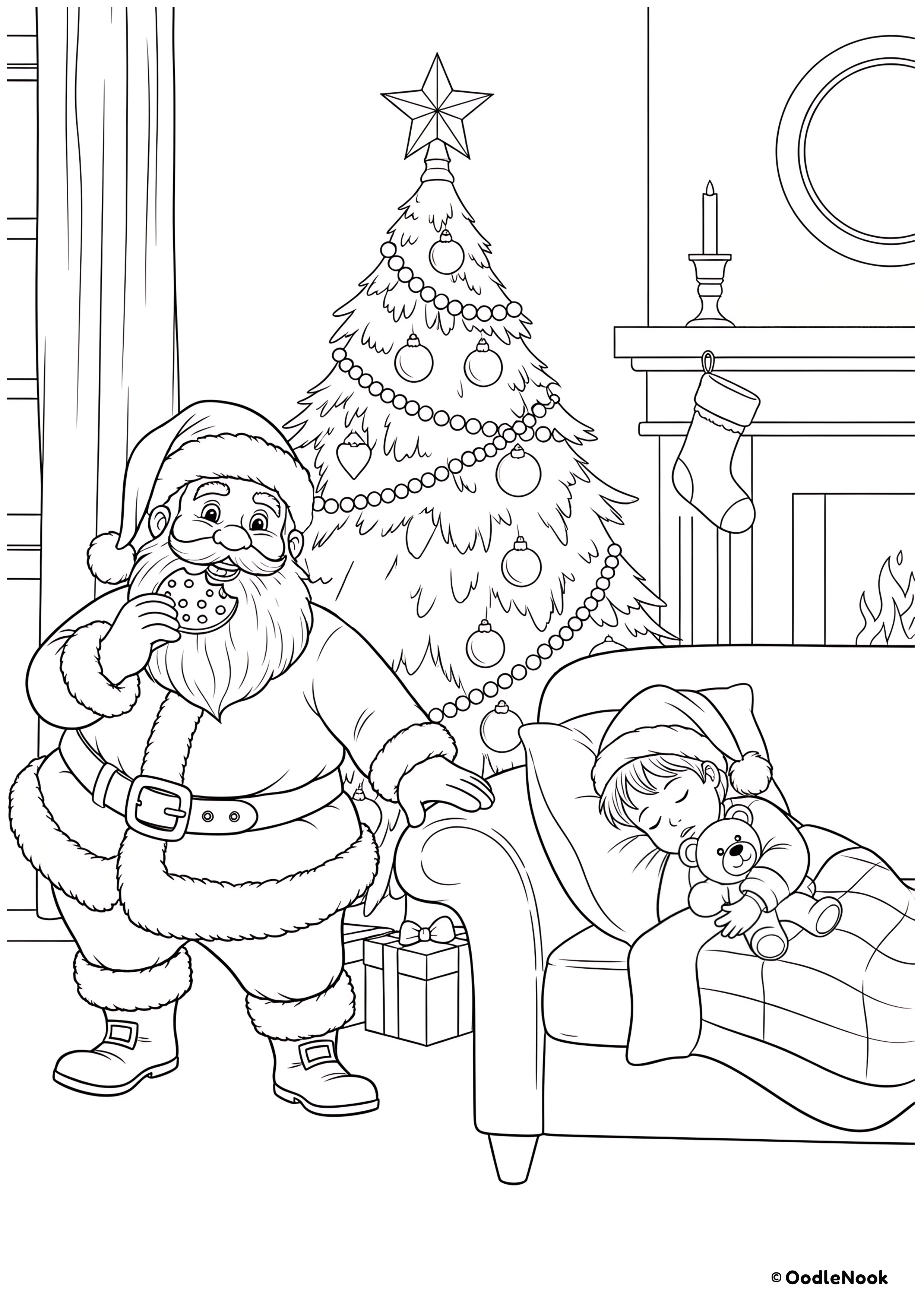 Coloring page of Santa secretly eating a cookie by the Christmas tree - free printable A4 format