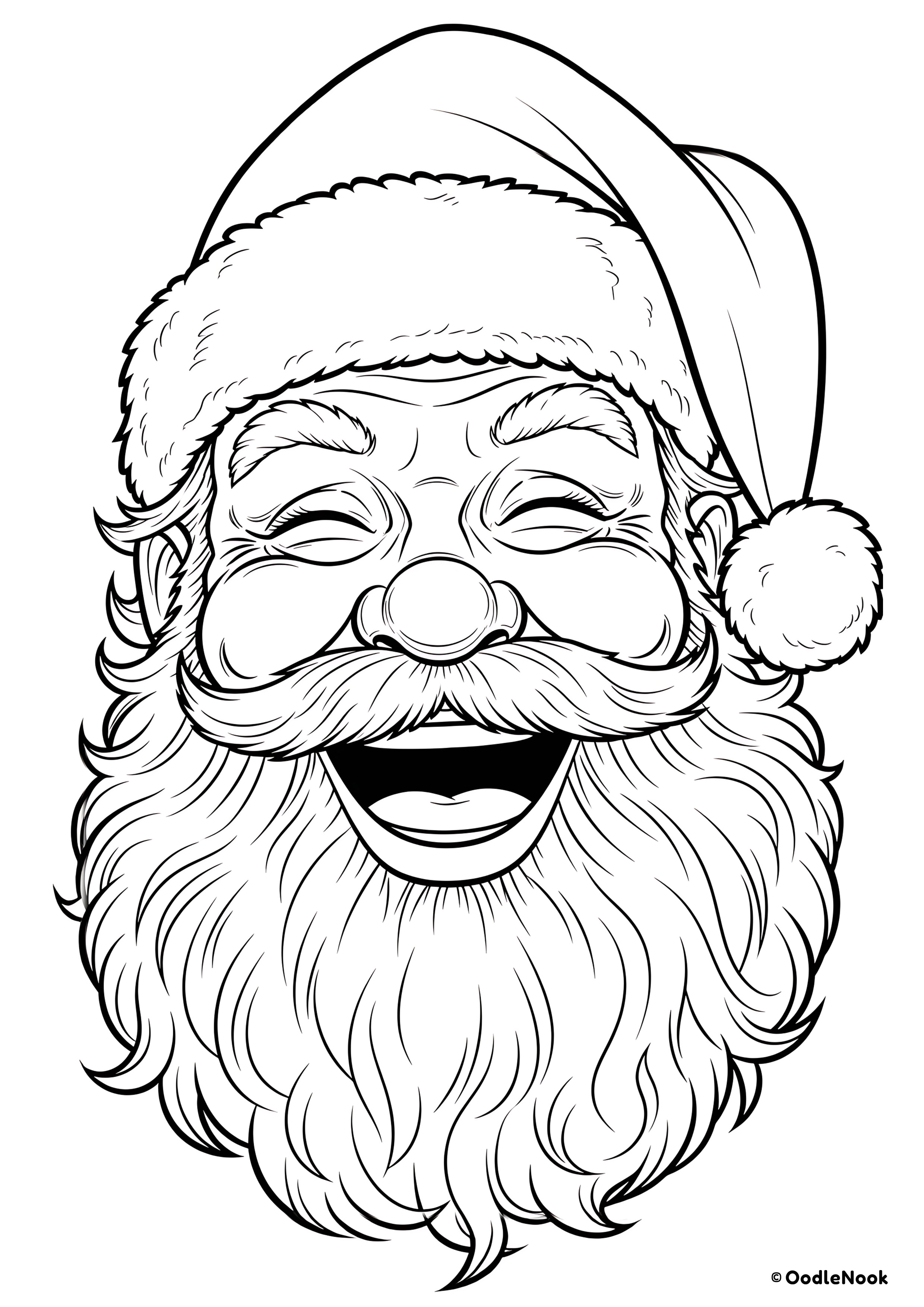 Close-up coloring page of Santa's face laughing with large beard and Santa hat - free printable A4 format