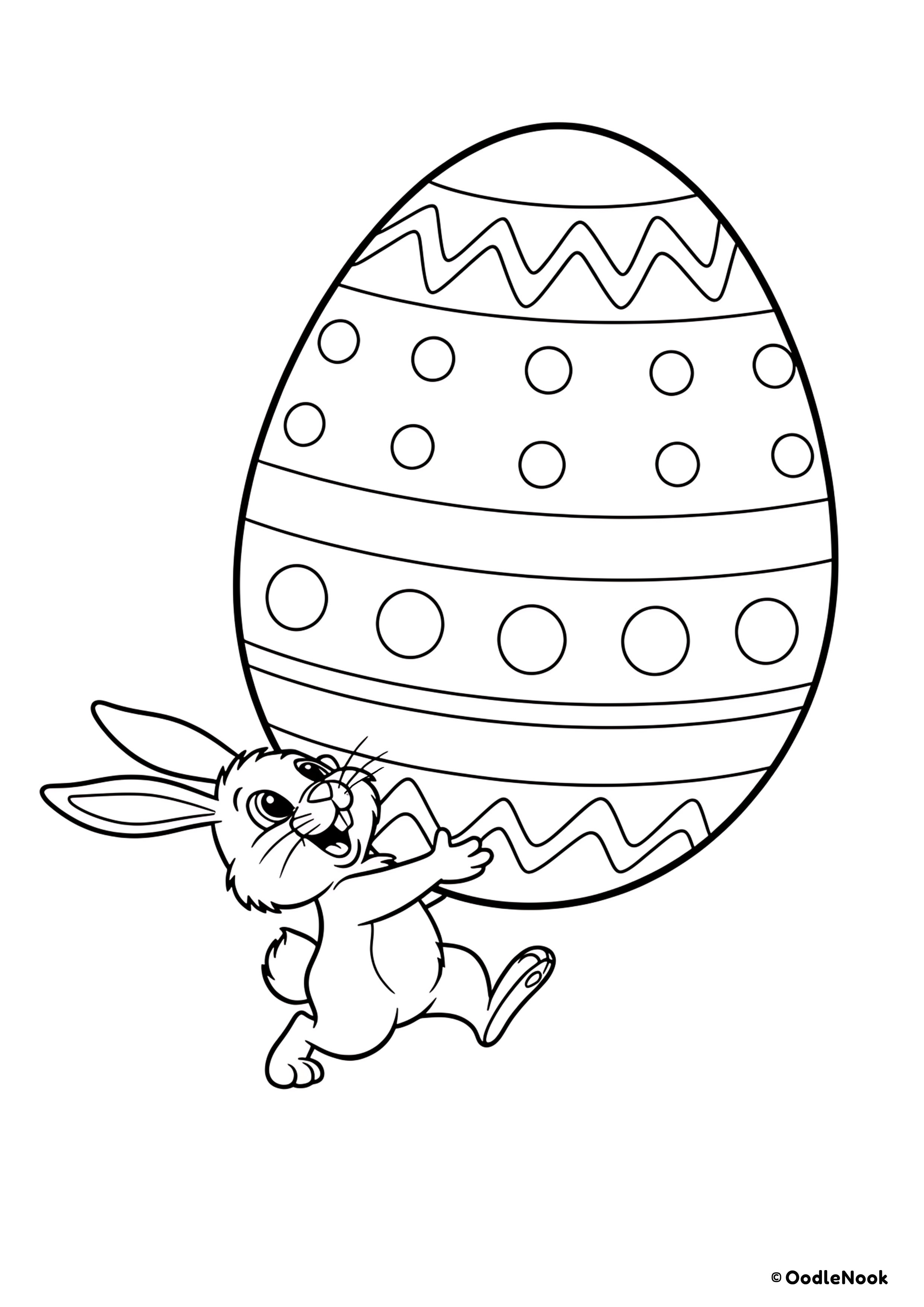 Coloring page of bunny carrying giant Easter egg - free printable A4 format
