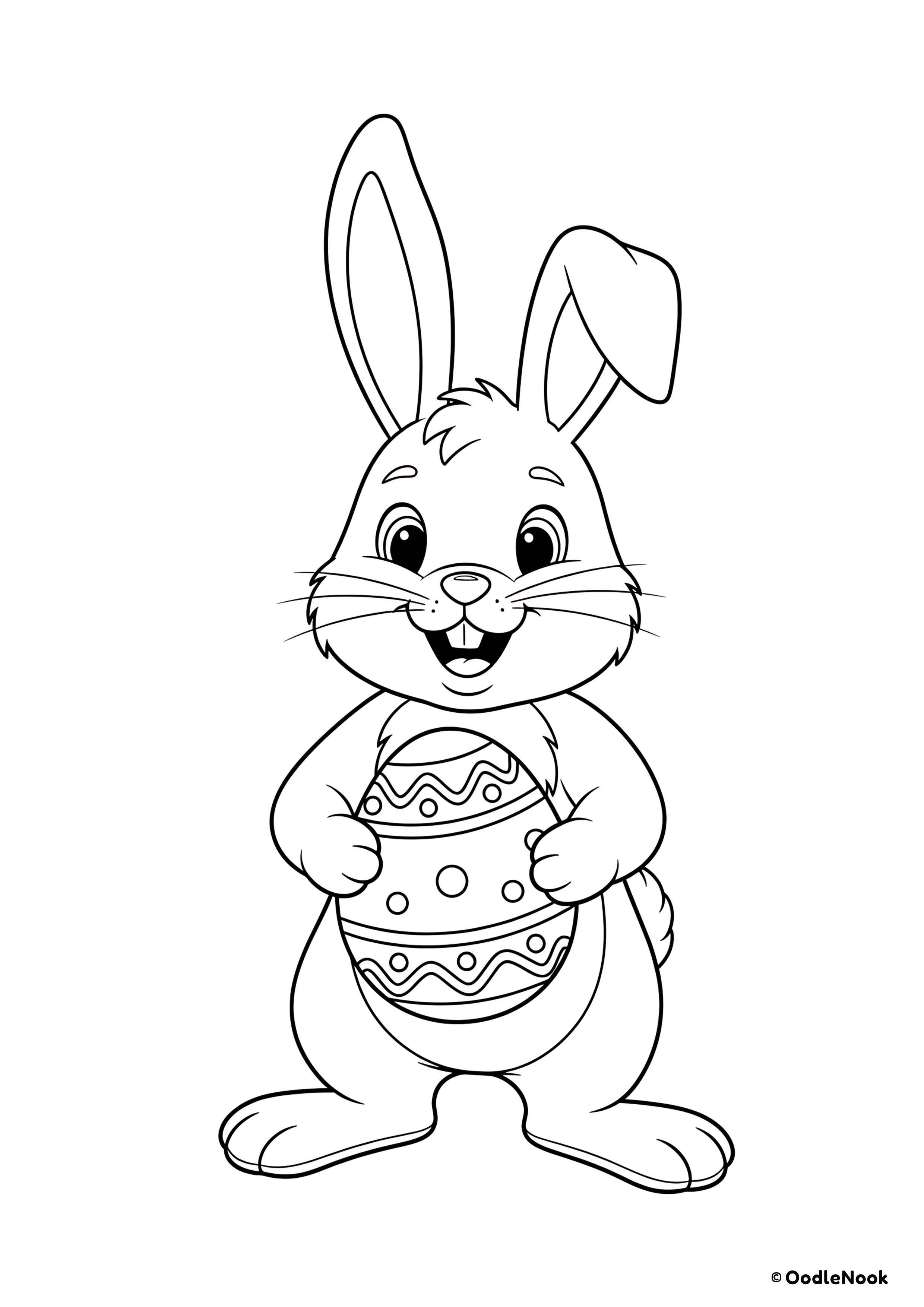 Coloring page of simple Easter bunny holding egg - free printable A4 format