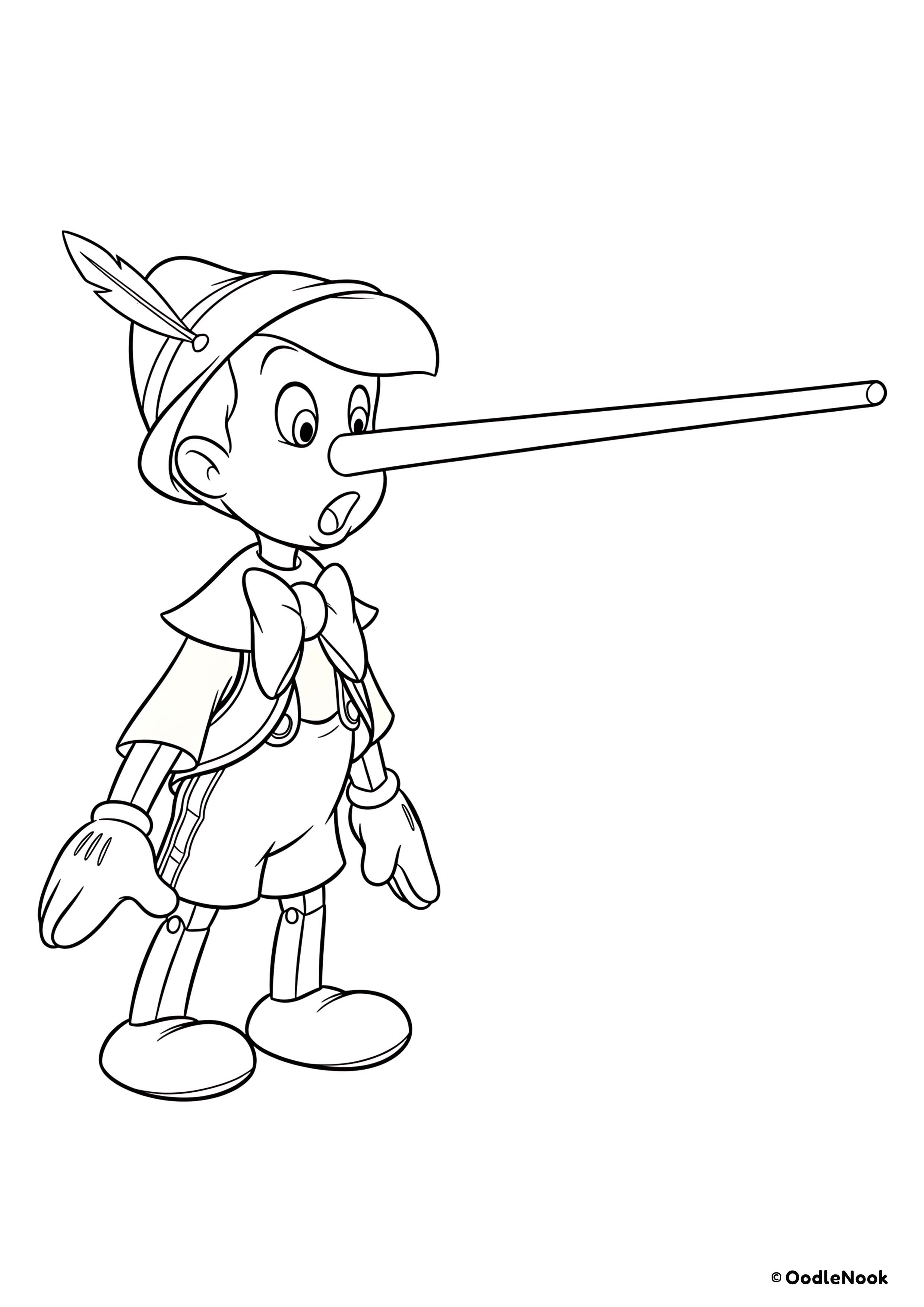 Printable Pinocchio with long nose coloring page for kids - A4 format