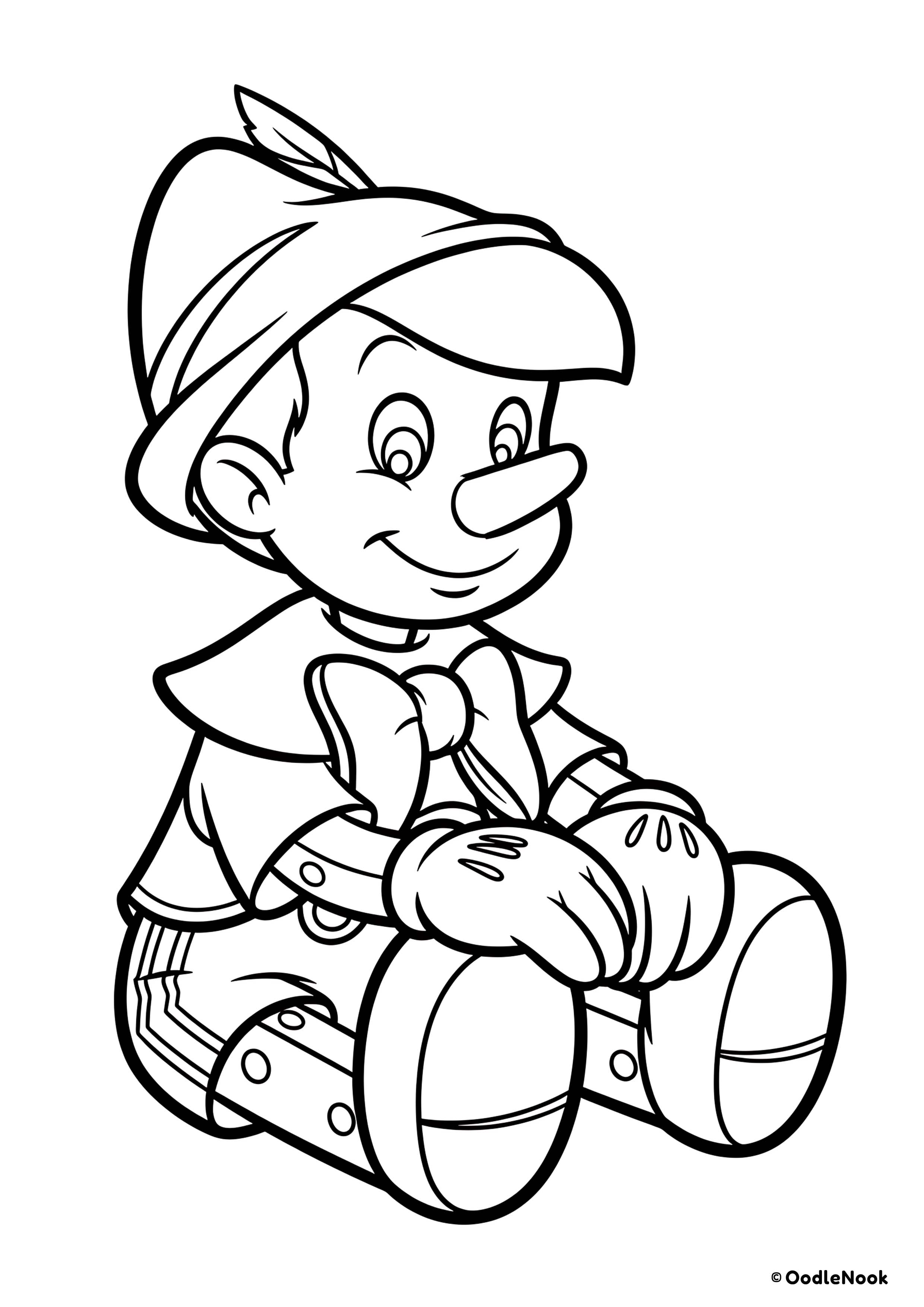 Printable chibi Pinocchio sitting coloring page for kids - A4 format