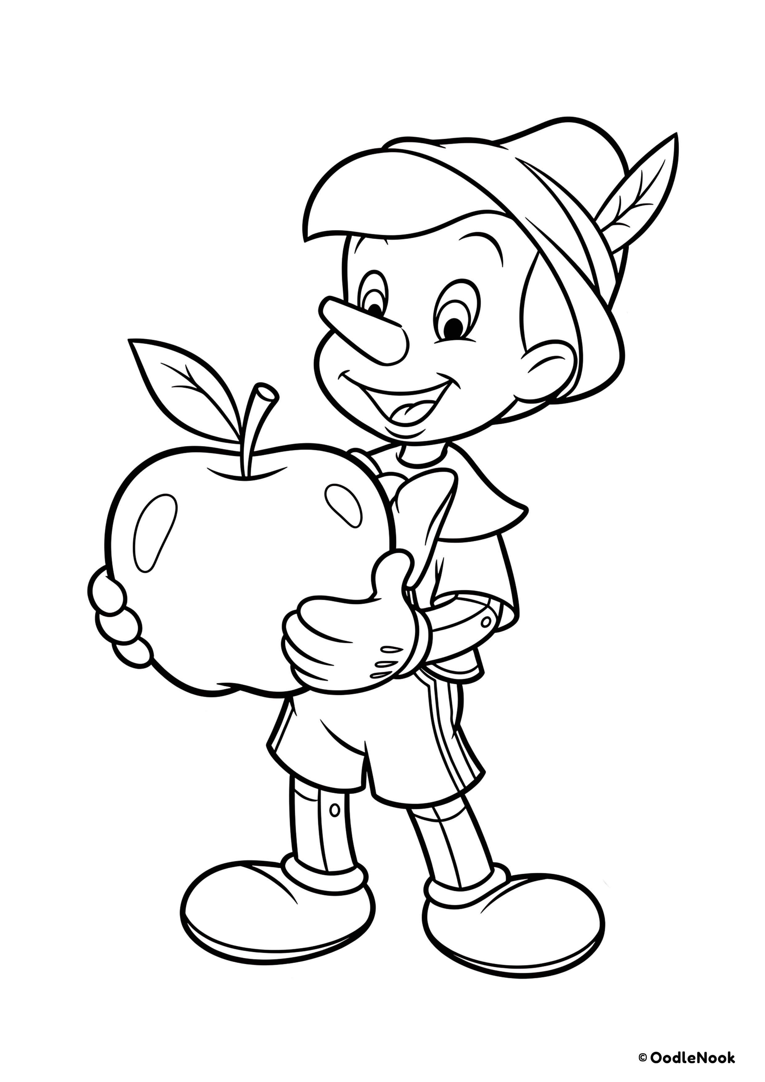 Printable Pinocchio holding apple coloring page for kids - A4 format