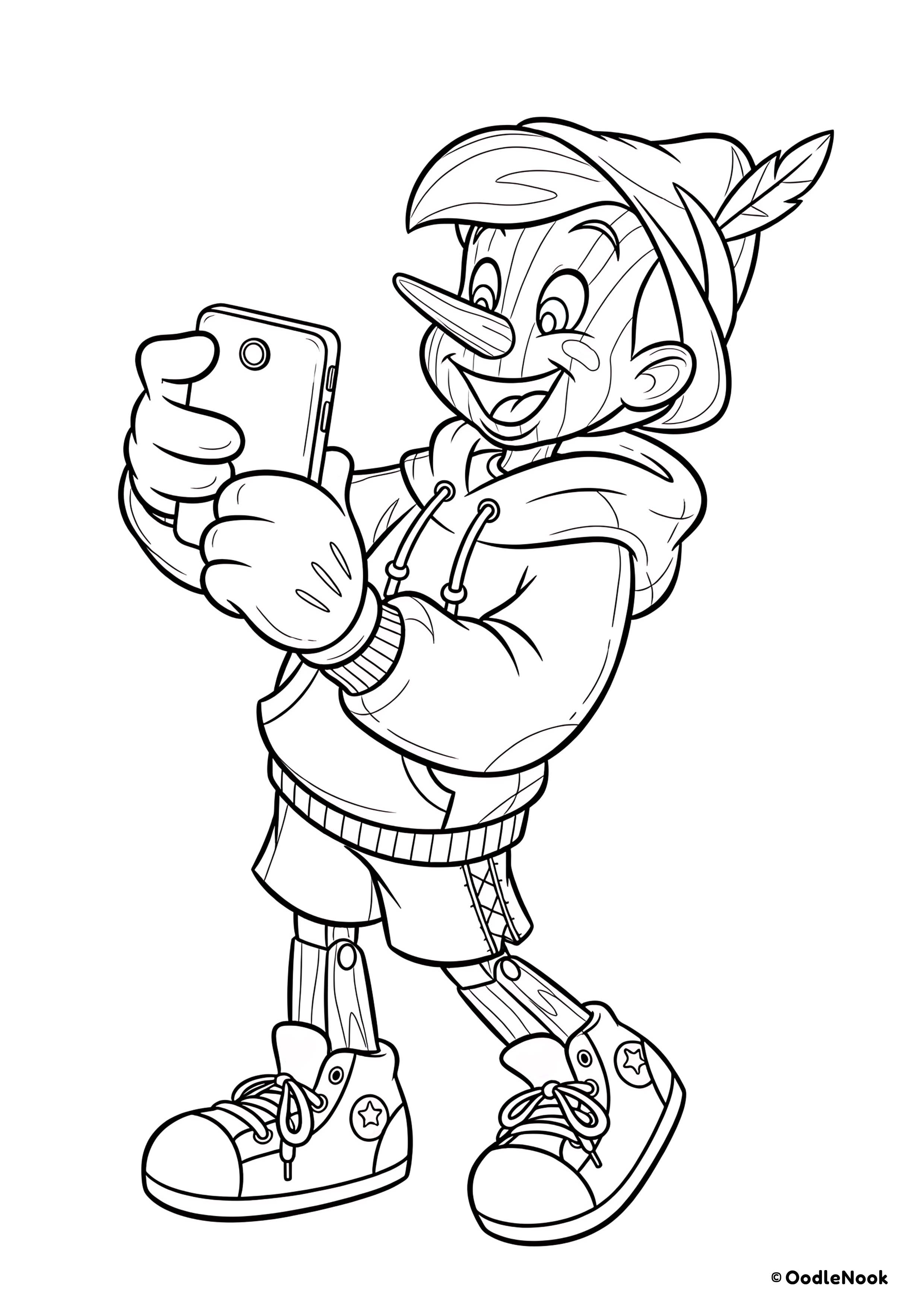 Printable modern Pinocchio with phone coloring page for kids - A4 format