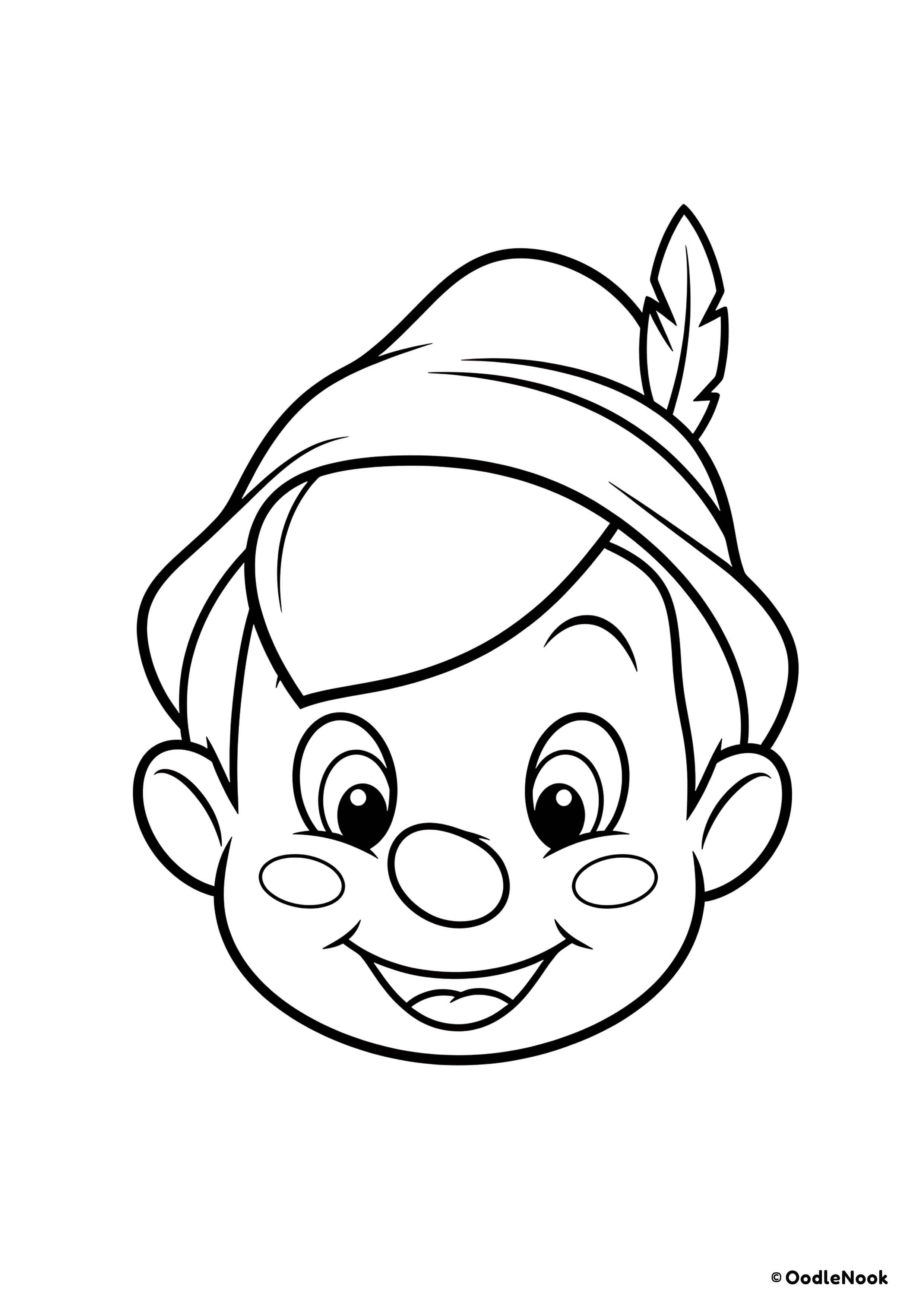 Printable Pinocchio face close-up coloring page for kids - A4 format