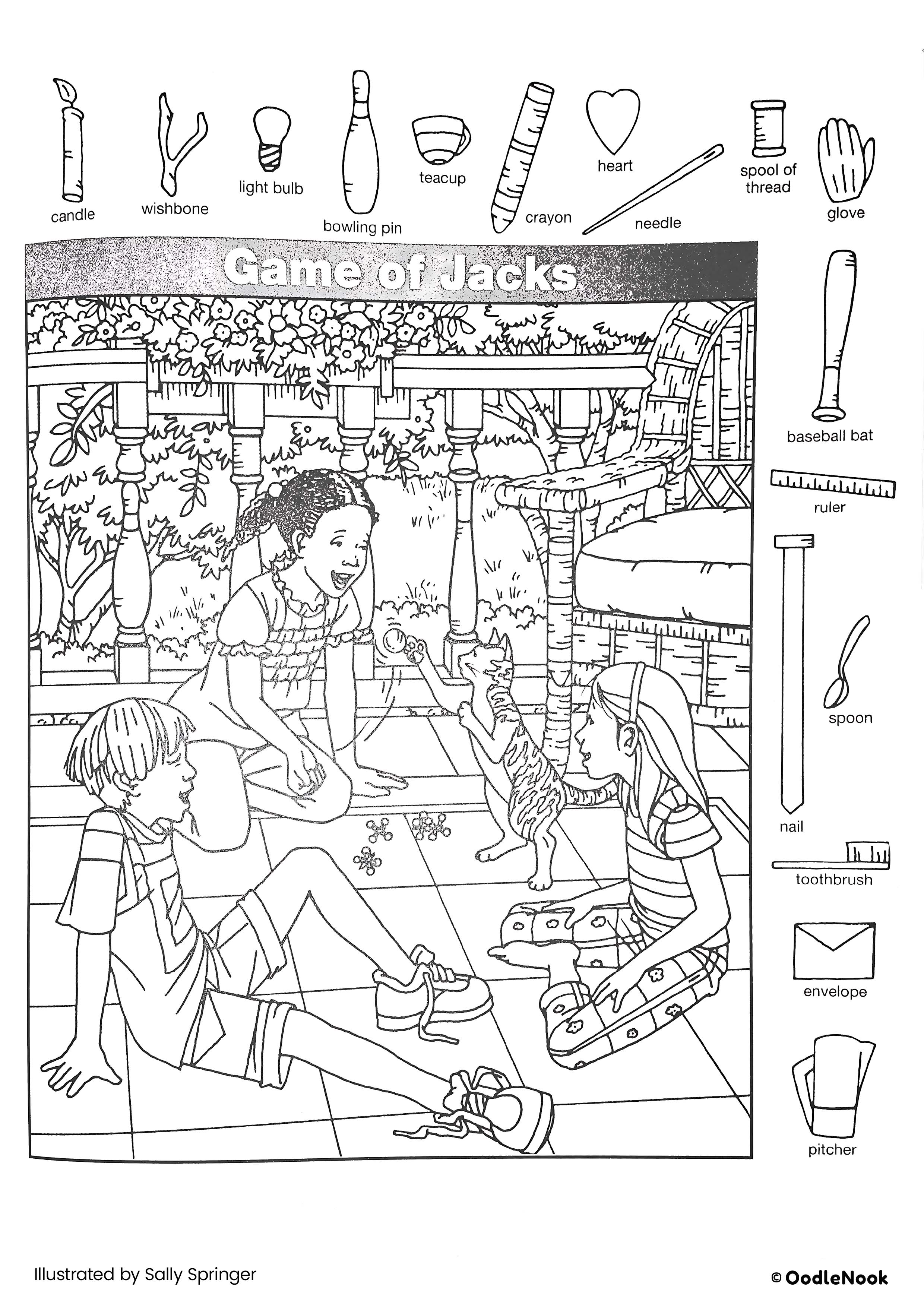 Game of Jacks hidden picture puzzle - free printable A4 format