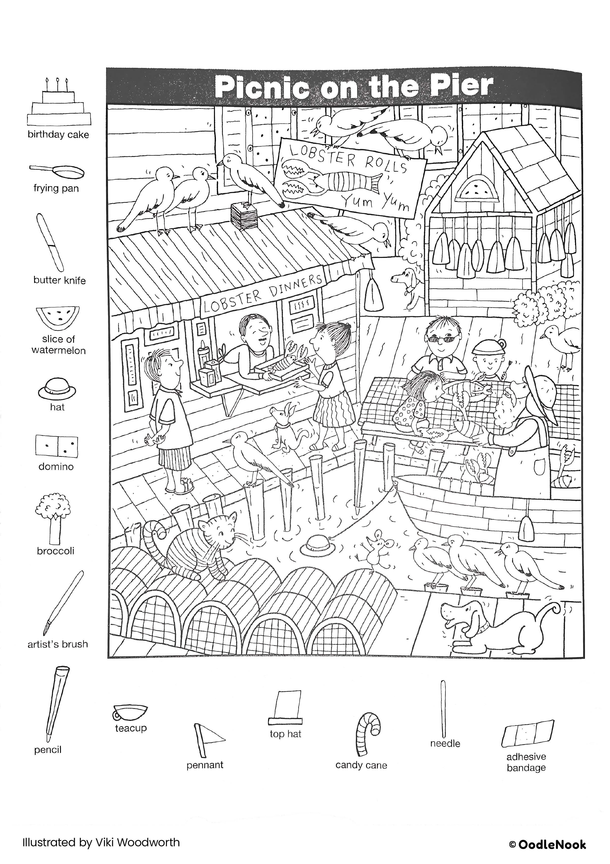 Picnic on the Pier hidden object puzzle - free printable A4 format