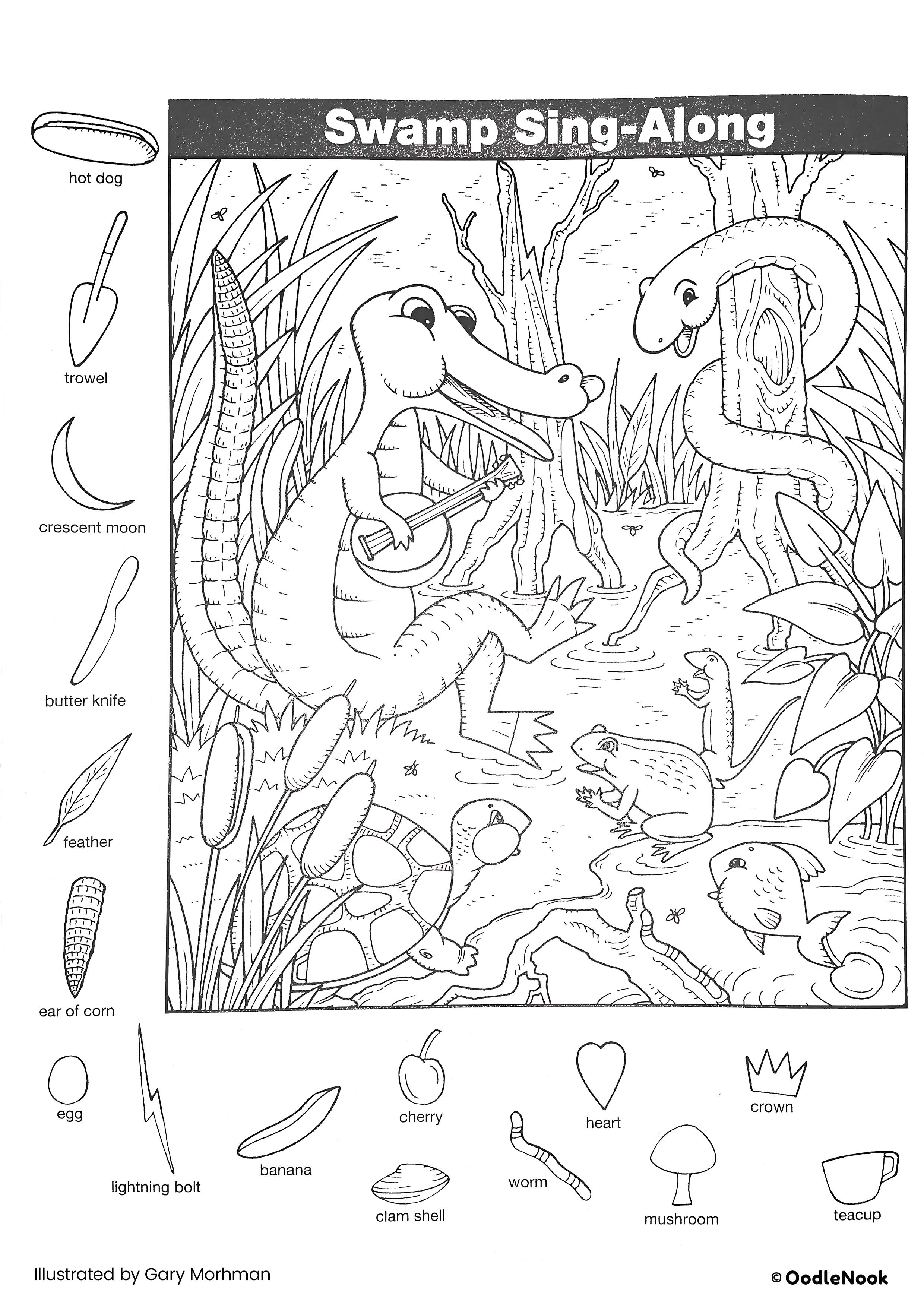 Swamp Sing-Along hidden picture puzzle - free printable A4 format