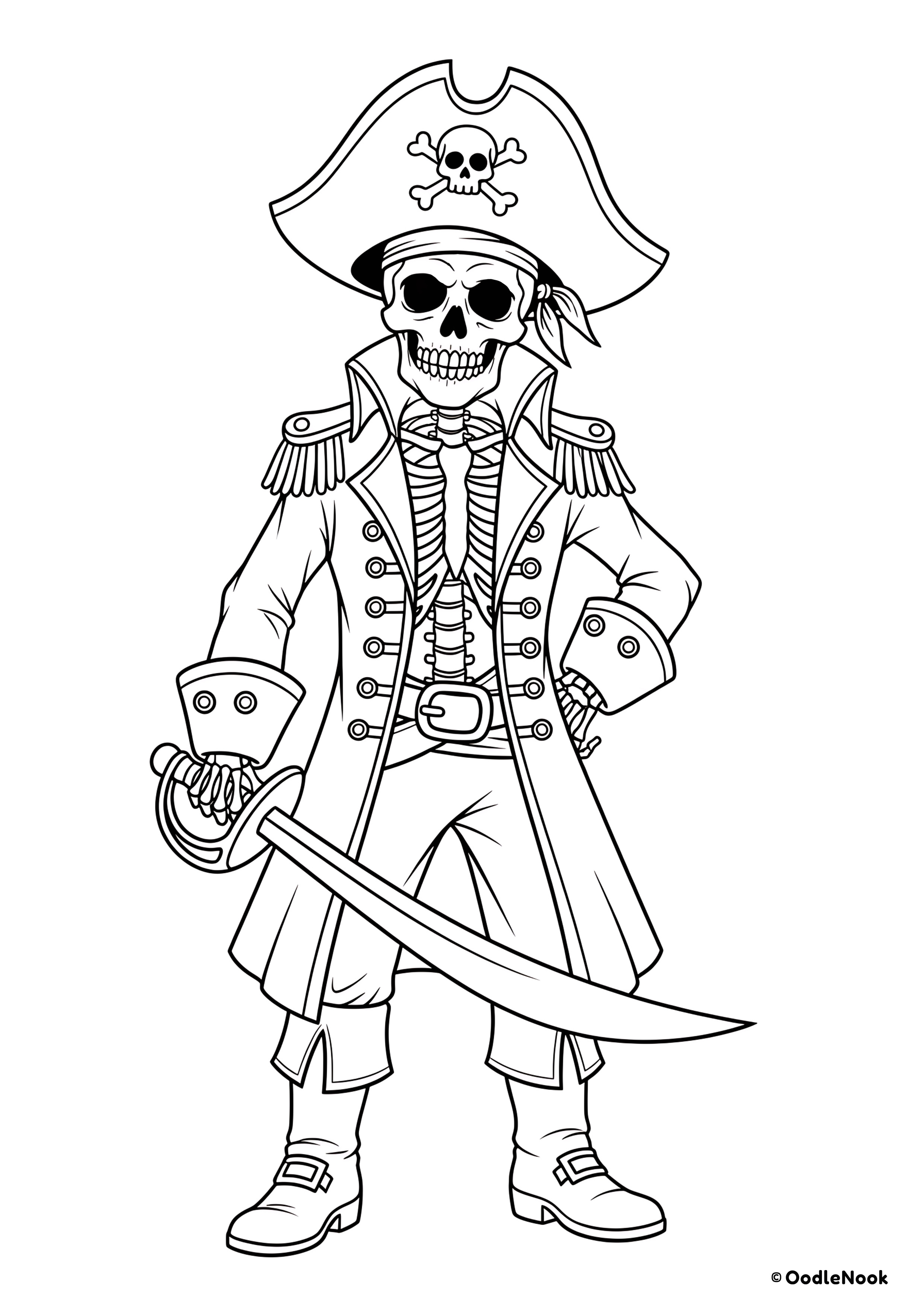 Coloring page of skeleton pirate with hat and hook - free printable A4 format